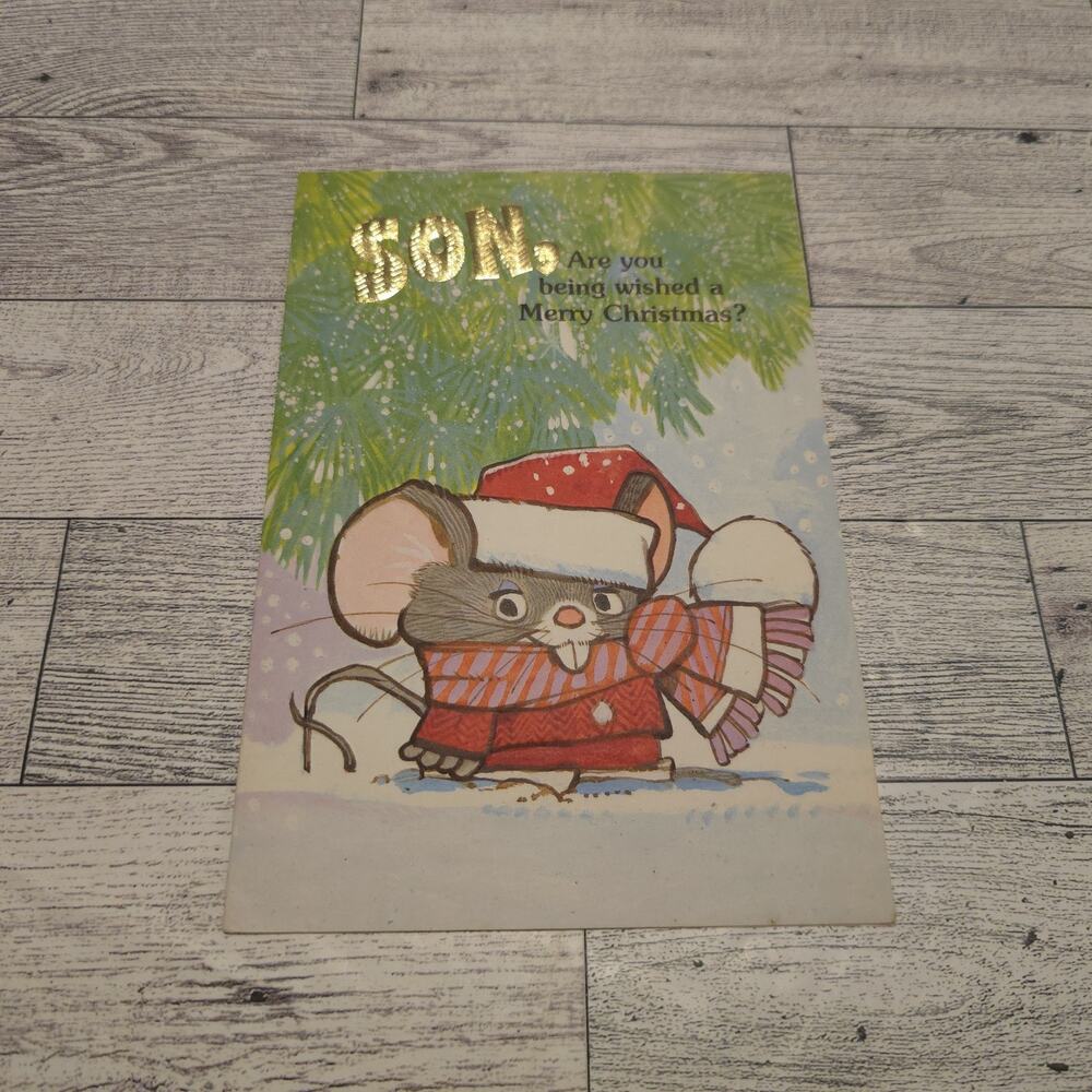 Vintage‎ Christmas Card for Son Mouse Foil Holiday Greeting No Envelope